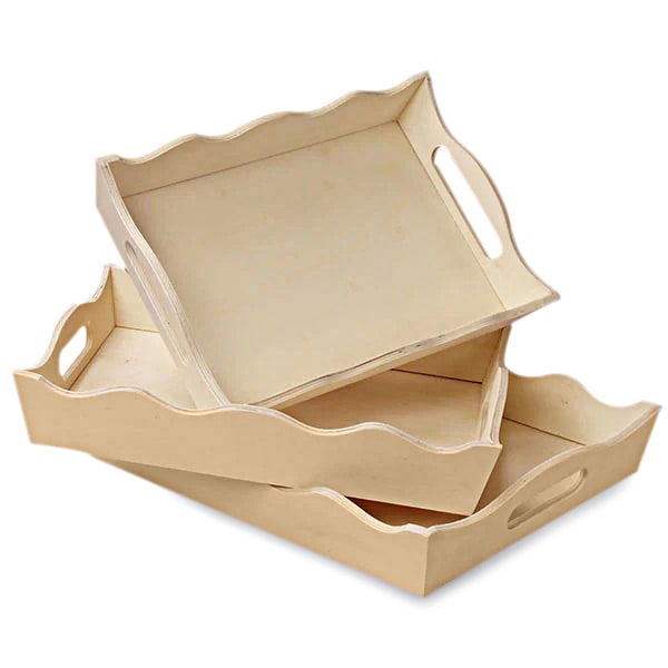 Pine Wood Scalloped Rectangular Tray Set