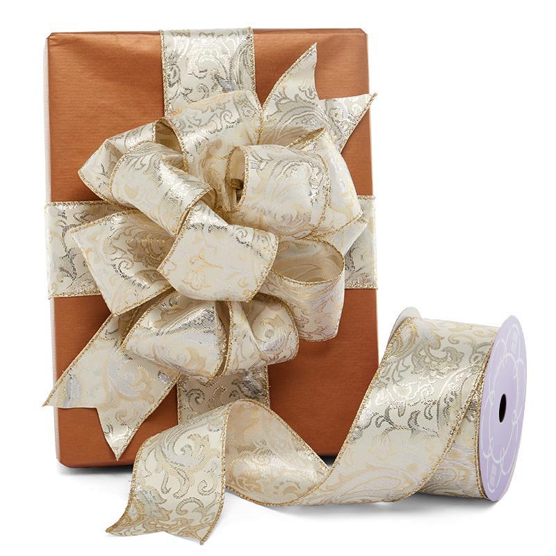 Ivory Metallic Floral Wired Ribbon Shop