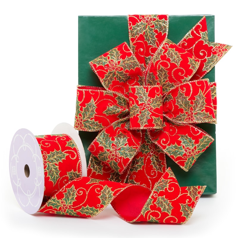 Glitter Holly Flocked Wired Ribbon Shop
