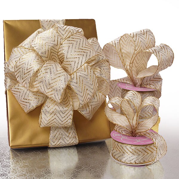Gold Glitter Chevron Satin Ribbon