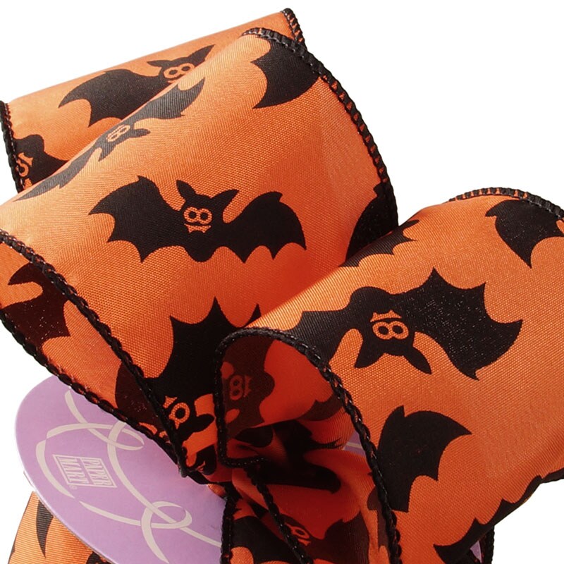 Orange Bats Halloween Satin Wired Ribbon