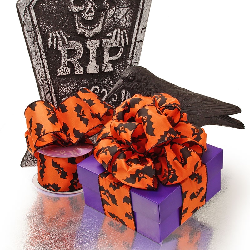 Orange Bats Halloween Satin Wired Ribbon