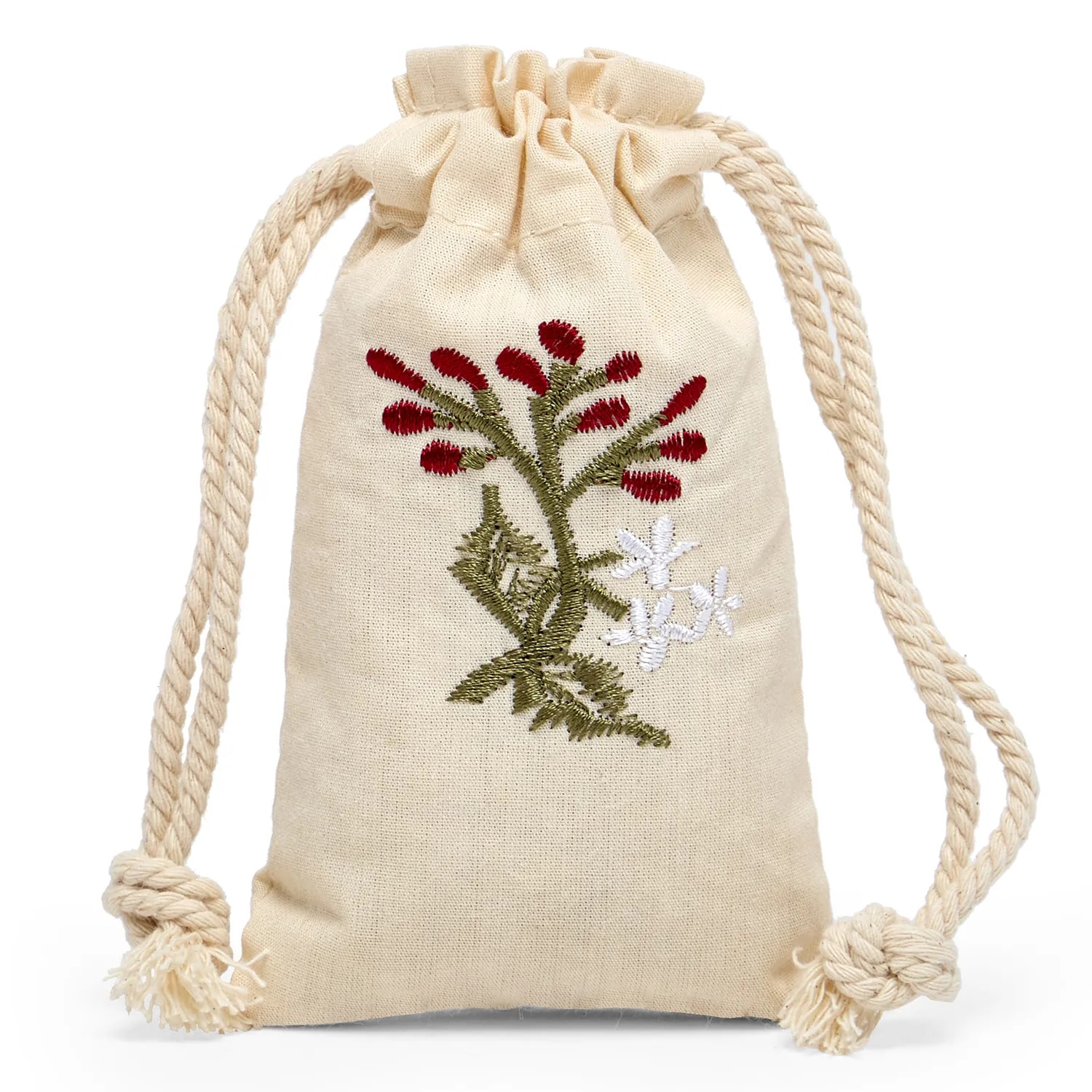 Botanical Embroidered Cotton Muslin Mini Pouches