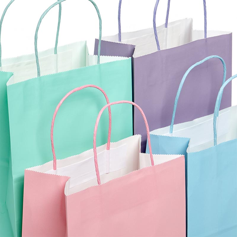 Assorted Pastel Solid Colored Paper Shopping Bags - 12 Pack