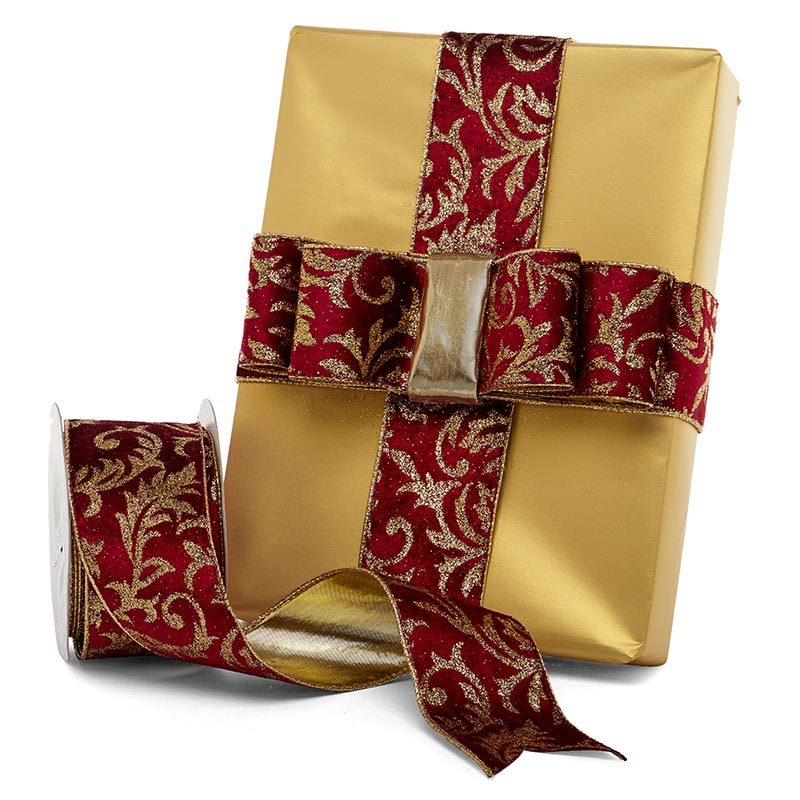 10 Yards Elegant Dark Wine Red Gold Glitter Swirl Christmas Wired Ribbon 2 1/2"W 