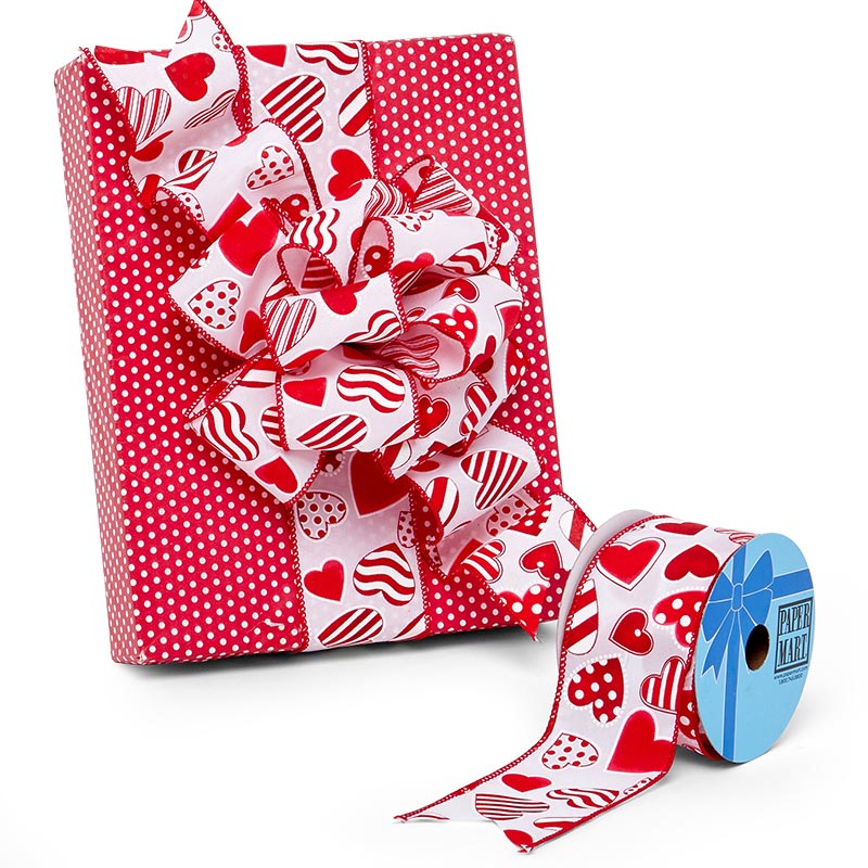 Red Hearts On White Wired Ribbon