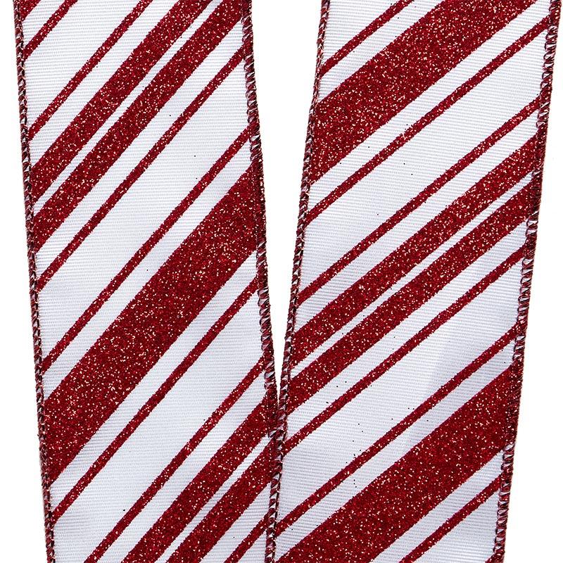 Thin Stripe Glitter Wired Ribbon : Red White - 2.5 Inches x 100 Feet