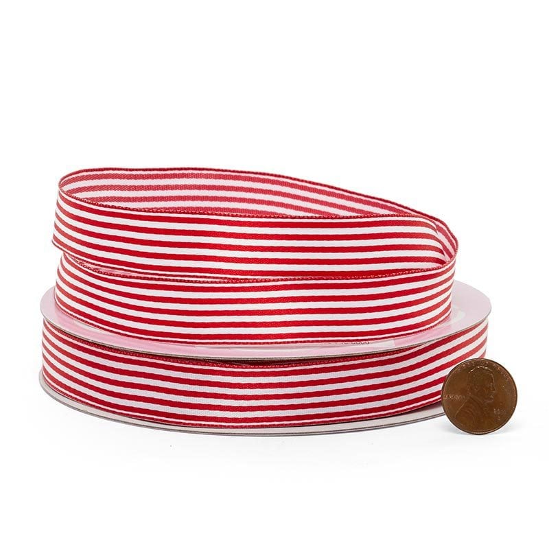 Horizontal Stripe Wired Ribbon, 1.5 Wide, Red and White Thin Stripe TEN  YARD ROLL Alistair Pinstripe 16 Narrow Wire Edged Ribbon 