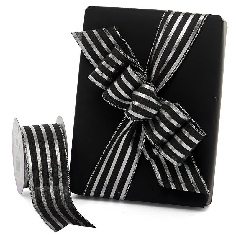 2 1/2 x 10 Yards Silver & Black Striped Metallic Wired Ribbon by Paper Mart