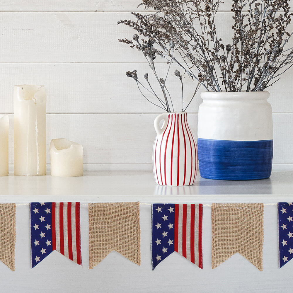 DIY Patriotic Bunting styled on a mantle