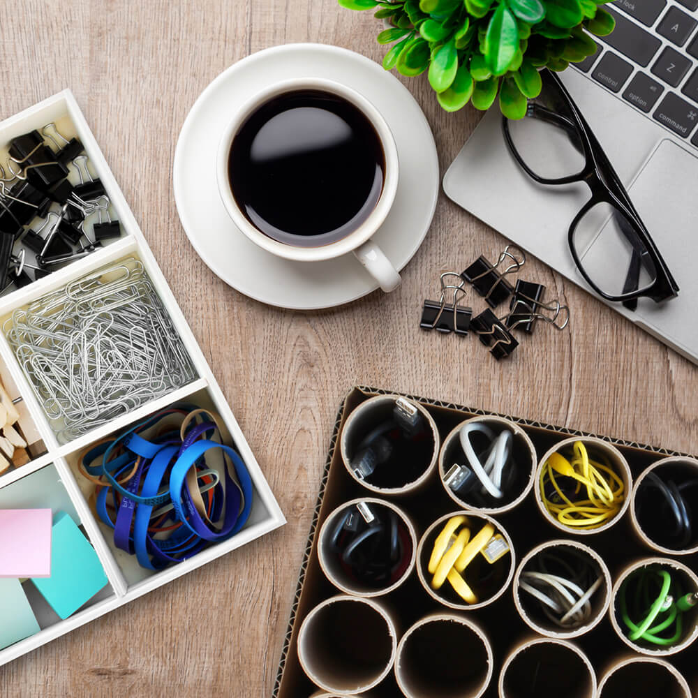 flat lay of home organization with paper mart supplies